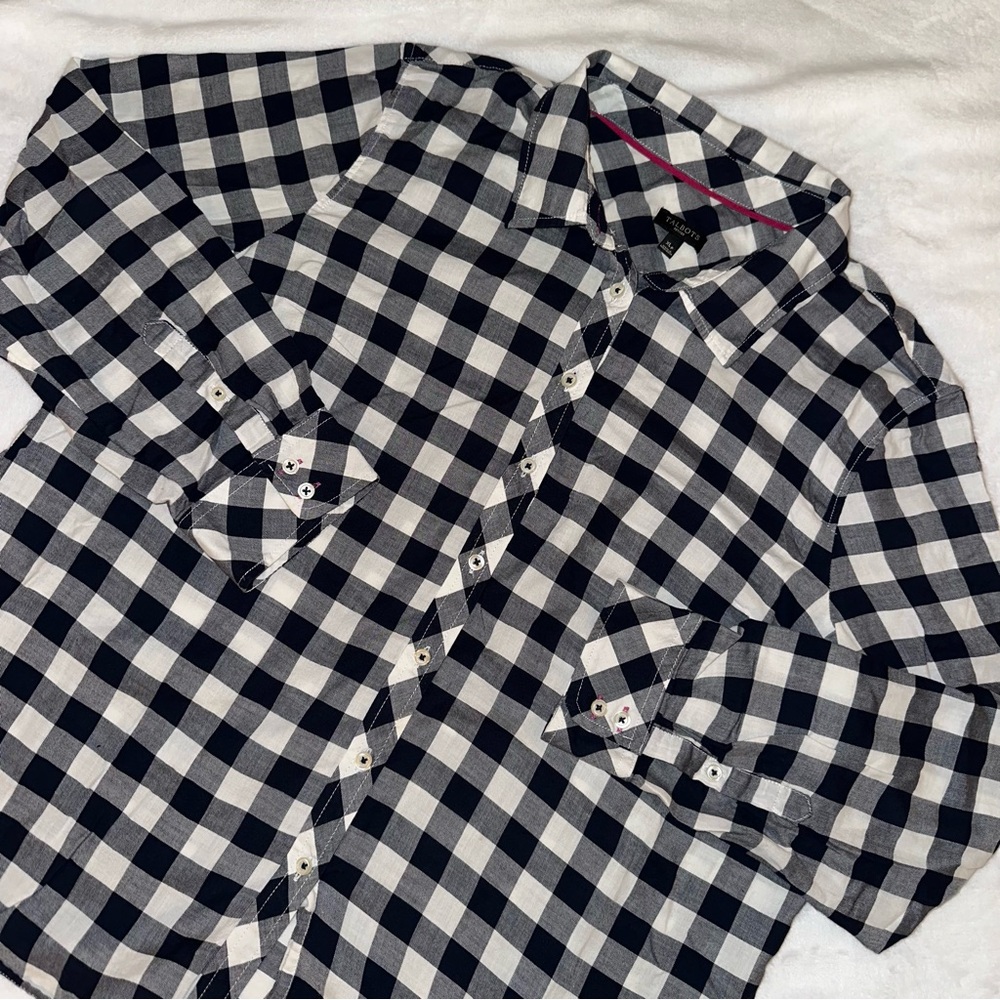 Talbots XLP NAVY White Plaid Button Down Collared Long Sleeve Blouse Shirt EUC